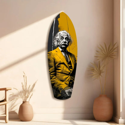 Vibrant yellow black Einstein surfboard tempered glass art
