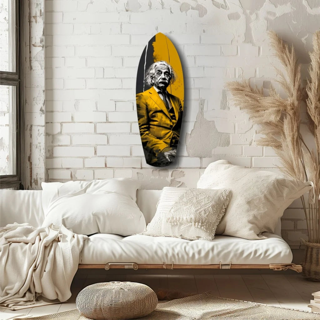 Yellow and black tempered glass art of Einstein in suit, surfboard style