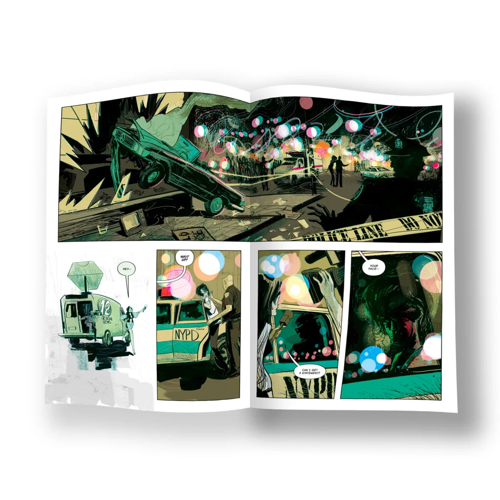 Open Electric Century graphic novel by Shaun Simon with vibrant comic book illustrations