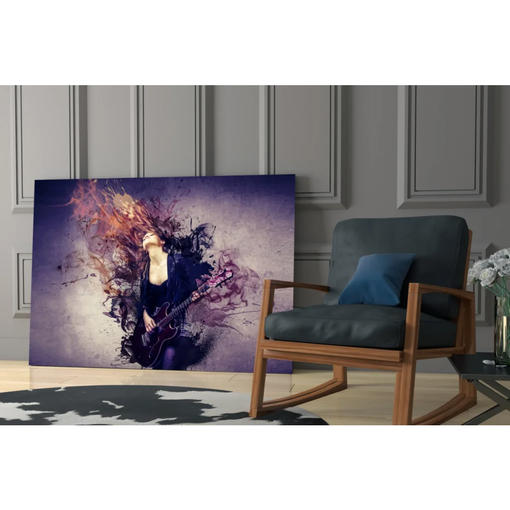 Vibrant woman playing electric guitar in fiery purple wall art canvas print