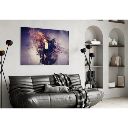 Fiery electric guitar goddess glass wall art over black leather sofa