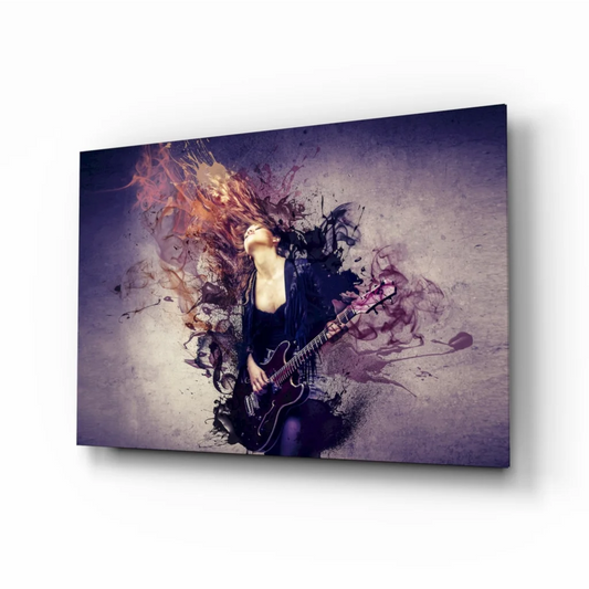 Stylized Electric Guitar Goddess canvas wall art with fiery purple splashes