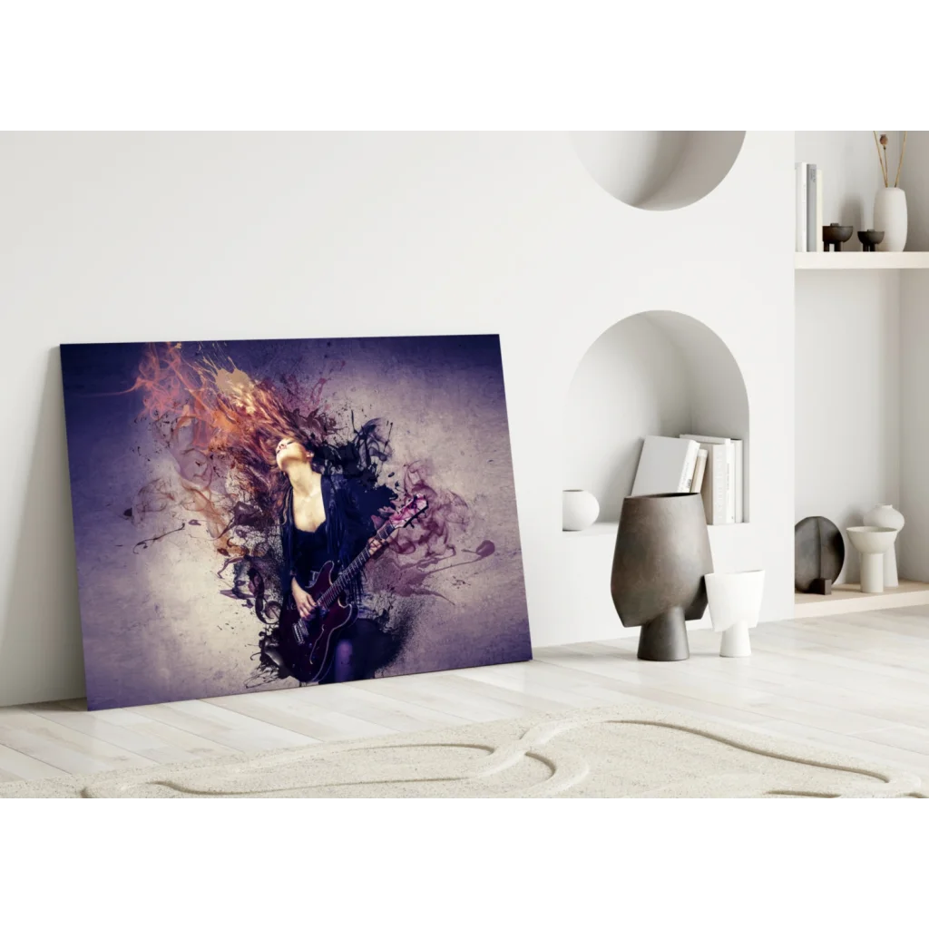 Electric Guitar Goddess canvas wall art with fiery purple splashes
