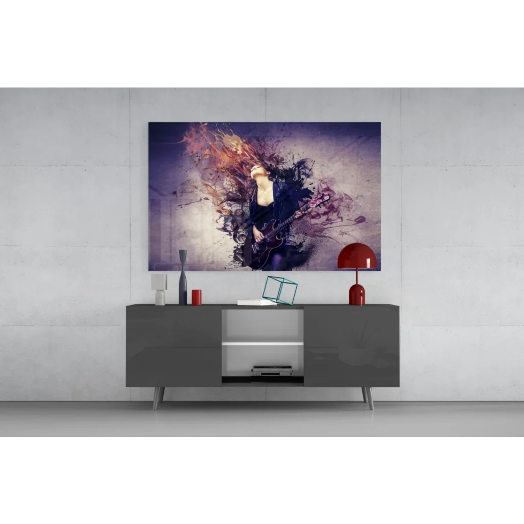 Vibrant woman playing electric guitar in purple orange splashes wall art