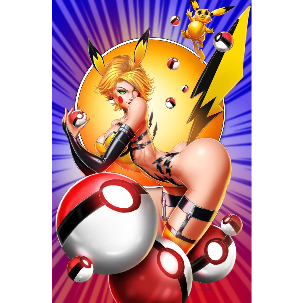 Electric mouse virgin variant Pikachu figure with red and white Poké Balls