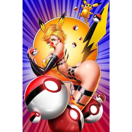 Electric mouse virgin variant Pikachu figure with red and white Poké Balls