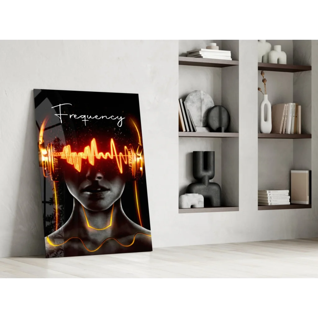 Vibrant black and orange headphones with glowing sound waves on Electric Orange Soundwave Glass Wall Art