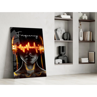 Vibrant black and orange headphones with glowing sound waves on Electric Orange Soundwave Glass Wall Art
