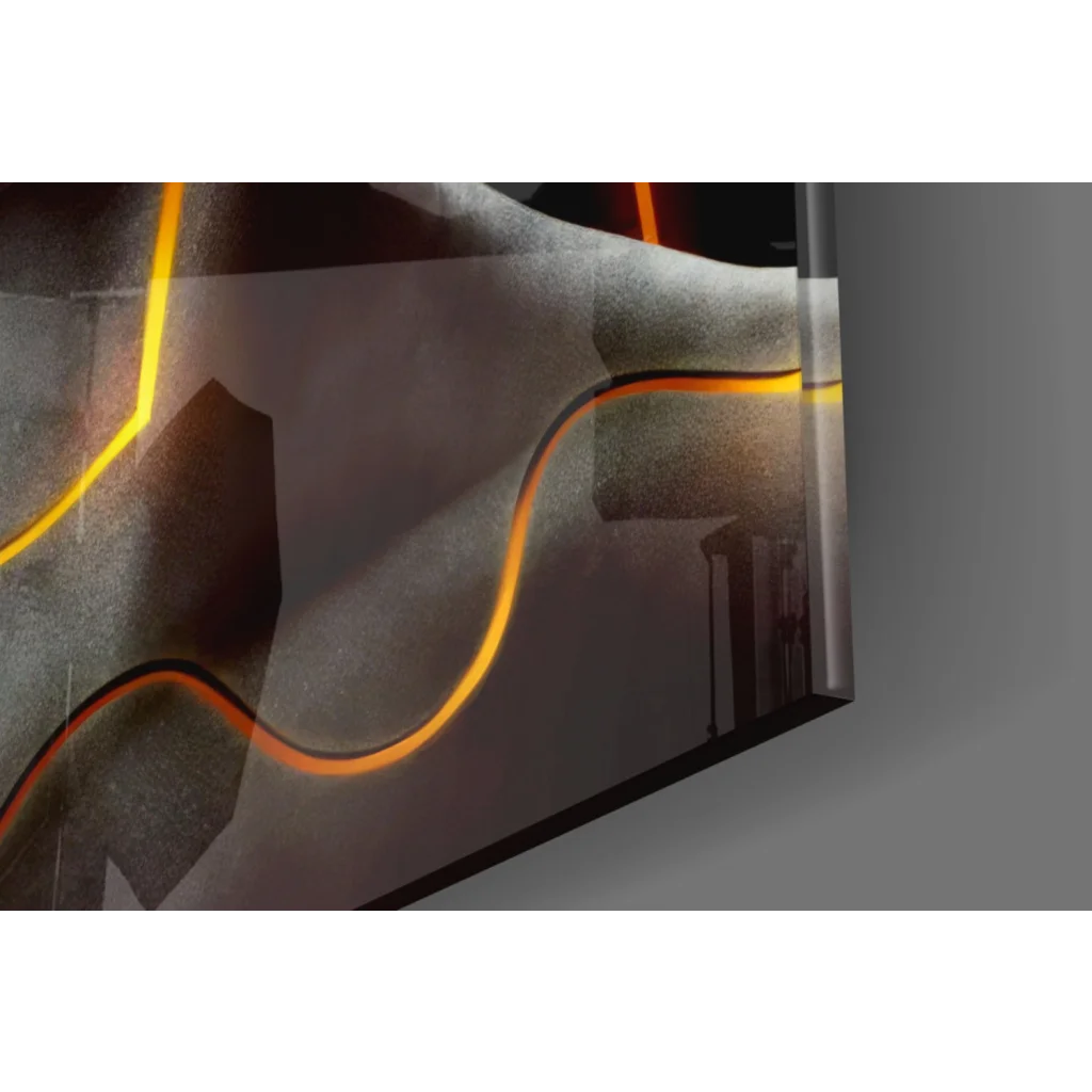 Samsung QLED TV curved screen with orange accents in glass wall art