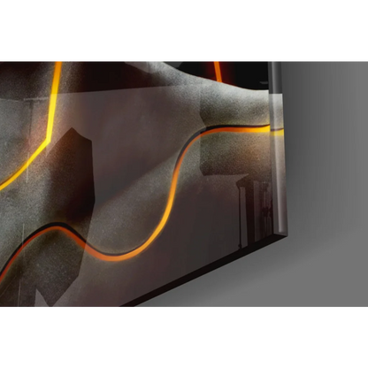 Samsung QLED TV curved screen with orange accents in glass wall art