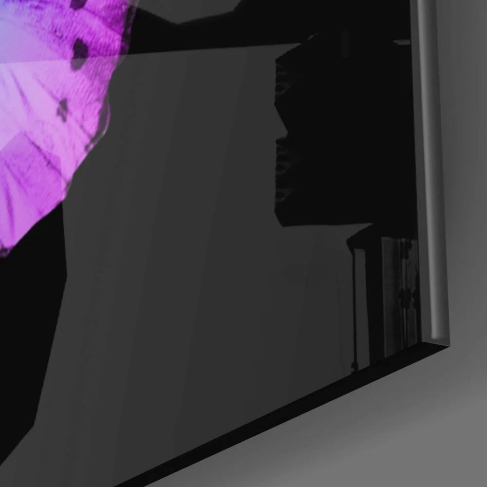 Sleek purple butterfly glass wall art panel with mirror finish