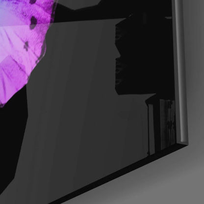 Sleek purple butterfly glass wall art panel with mirror finish