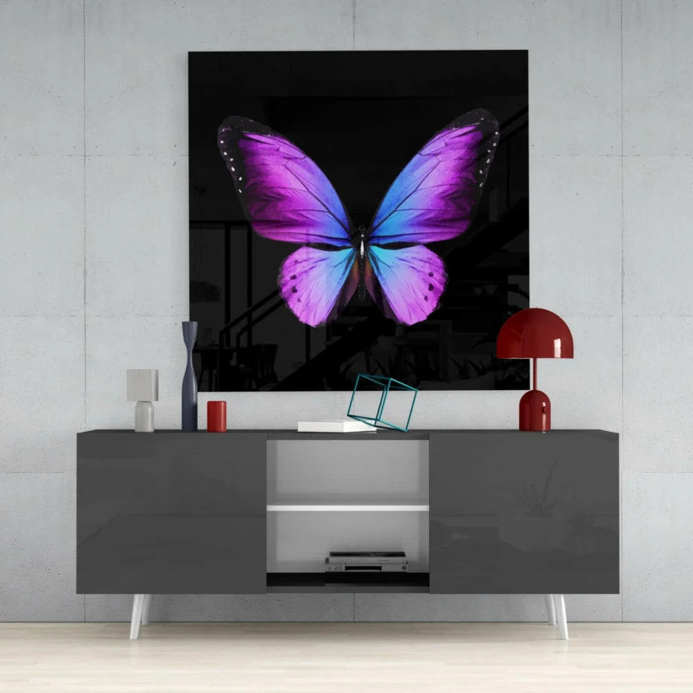 Vibrant purple butterfly glass wall art with mirror finish on black