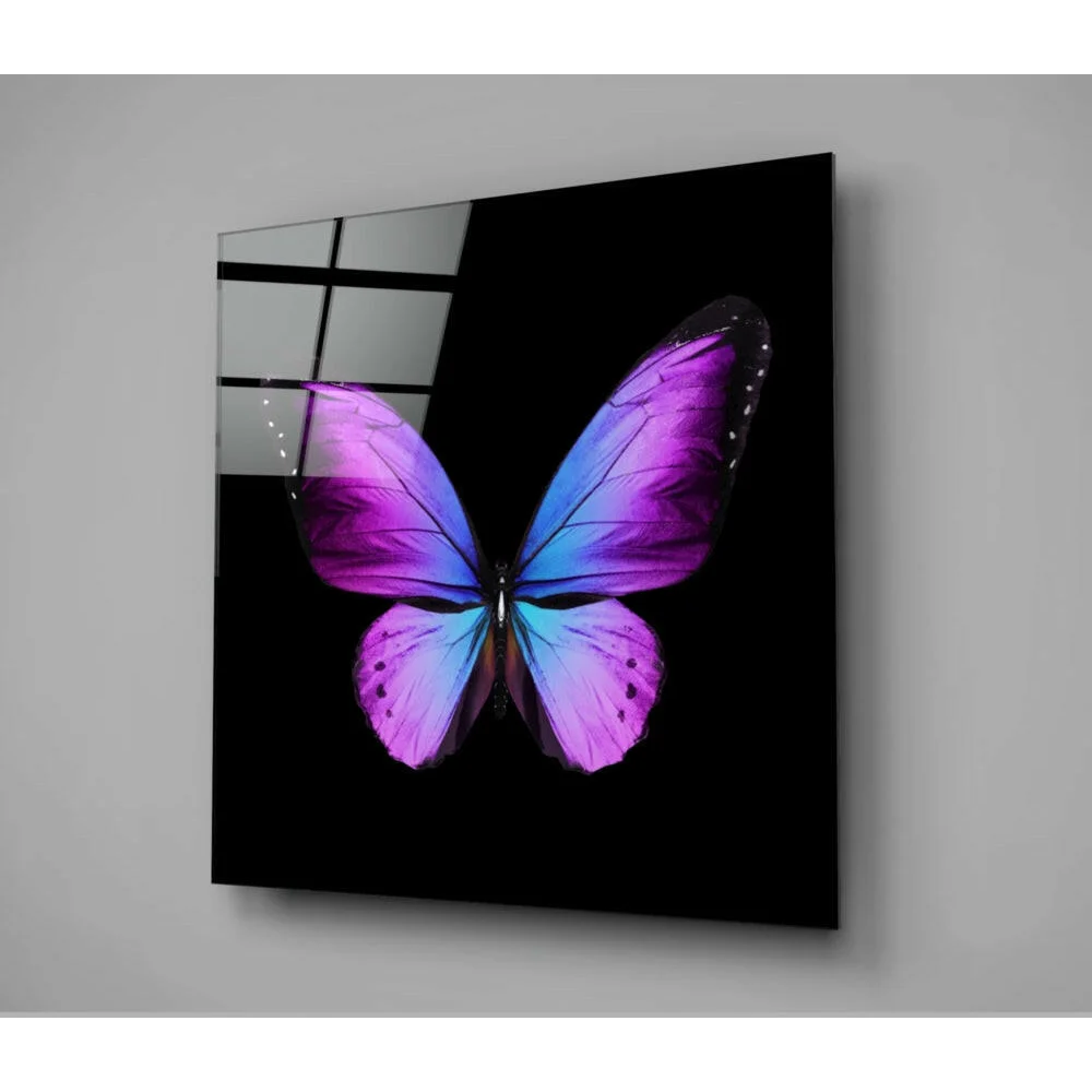Vibrant purple butterfly glass wall art on sleek black panel