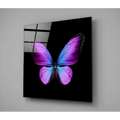 Vibrant purple butterfly glass wall art on sleek black panel