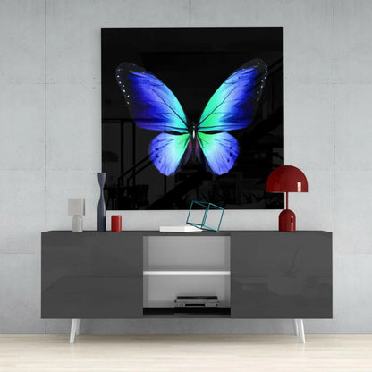 Vibrant blue green butterfly glass wall art on glossy black canvas