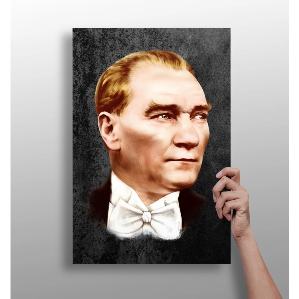 Black and white Atatürk portrait in bow tie on elegant canvas