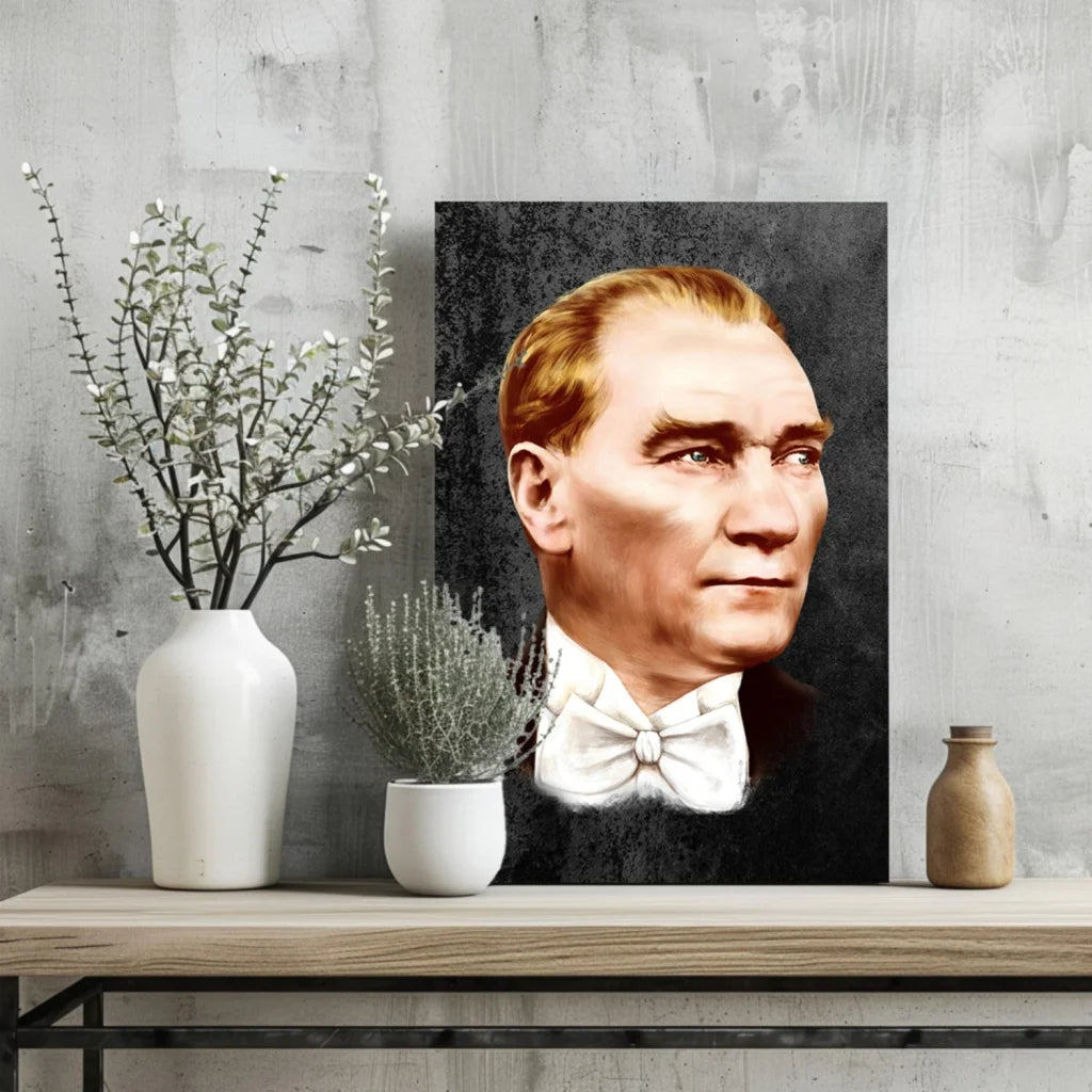Black and white Atatürk portrait canvas with bow tie in modern setting