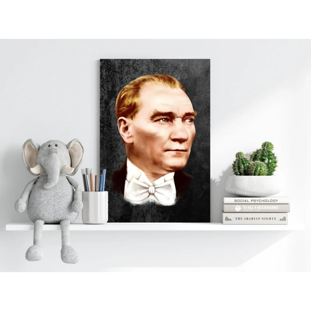 Gray elephant plush toy with floppy ears and trunk on Atatürk portrait shelf
