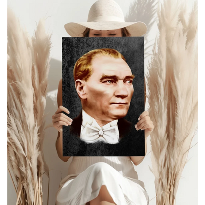 Elegant white wide-brimmed hat with black bow on Atatürk portrait canvas