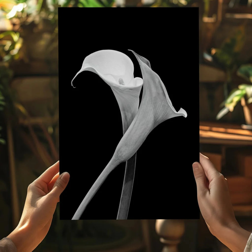 Elegant black-and-white calla lily aluminum wall art print
