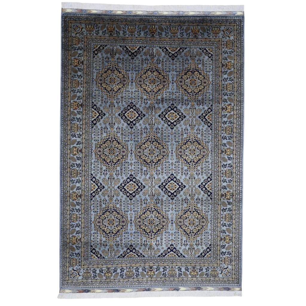 Afghan Zerkhaki hand-knotted rug in grey and blue natural wool