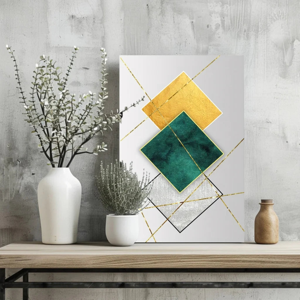 Modern gold teal geometric insigne aluminum print on white canvas