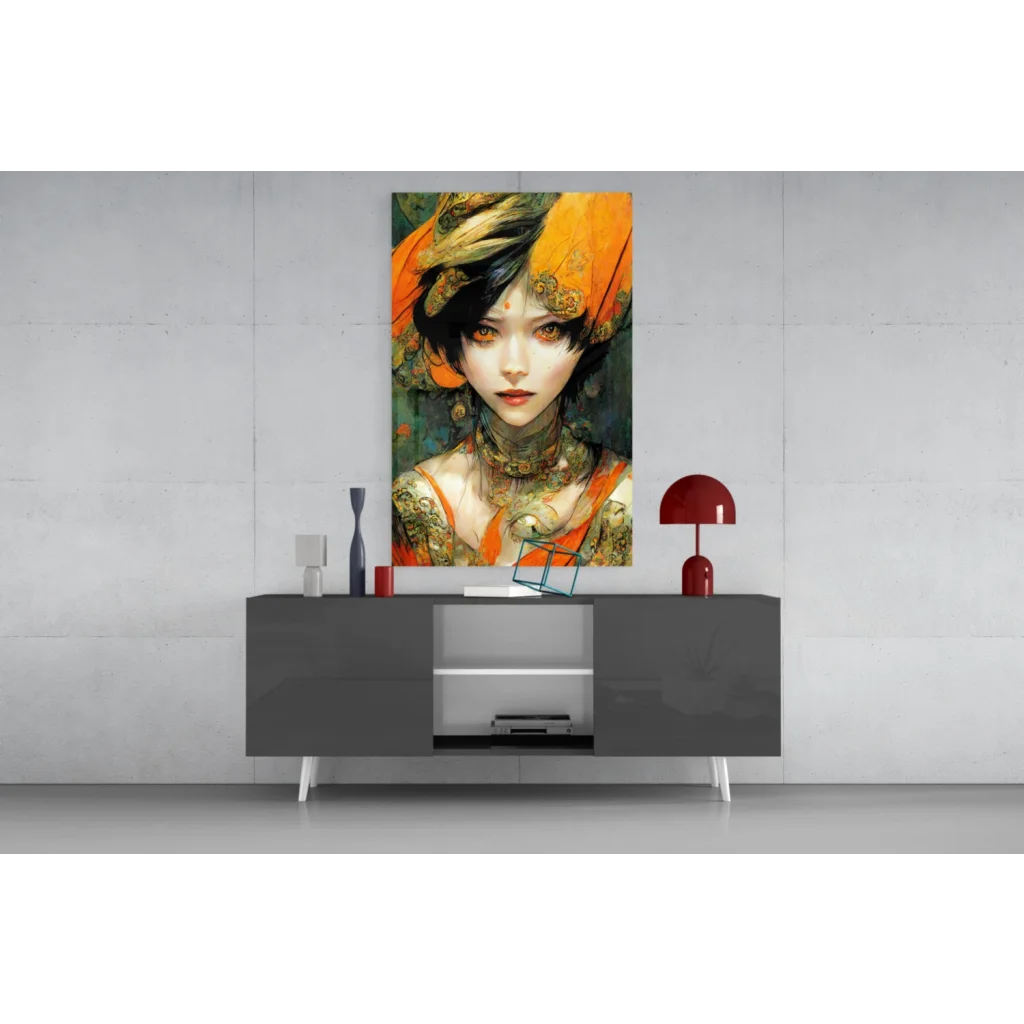 Vibrant orange portrait glass wall art with gold tattoo details
