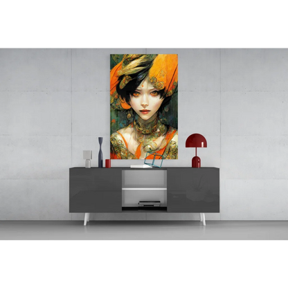 Vibrant orange portrait glass wall art with gold tattoo details
