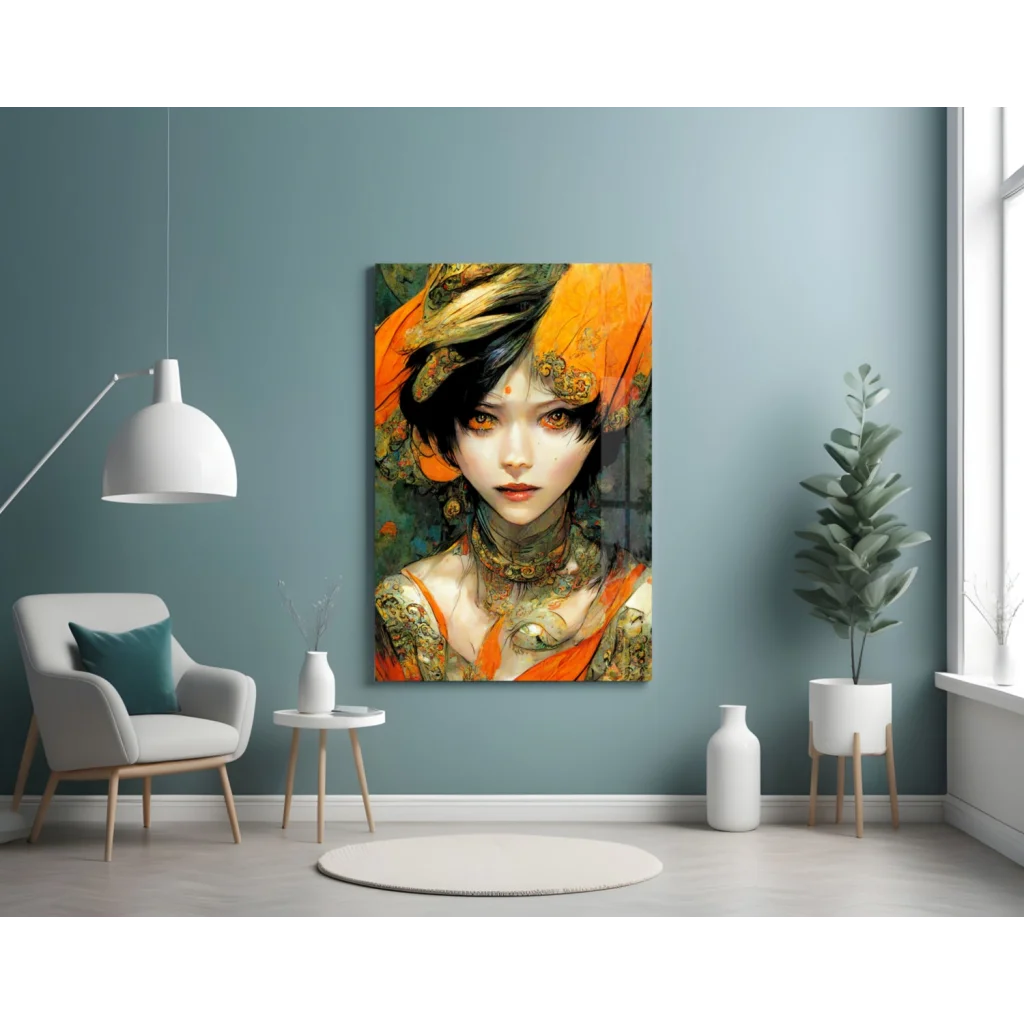 Stunning Orange Portrait Glass Wall Art with Gold Tattoo Details | Contemporary Home Wall Art | vintageantiquesgifts.com