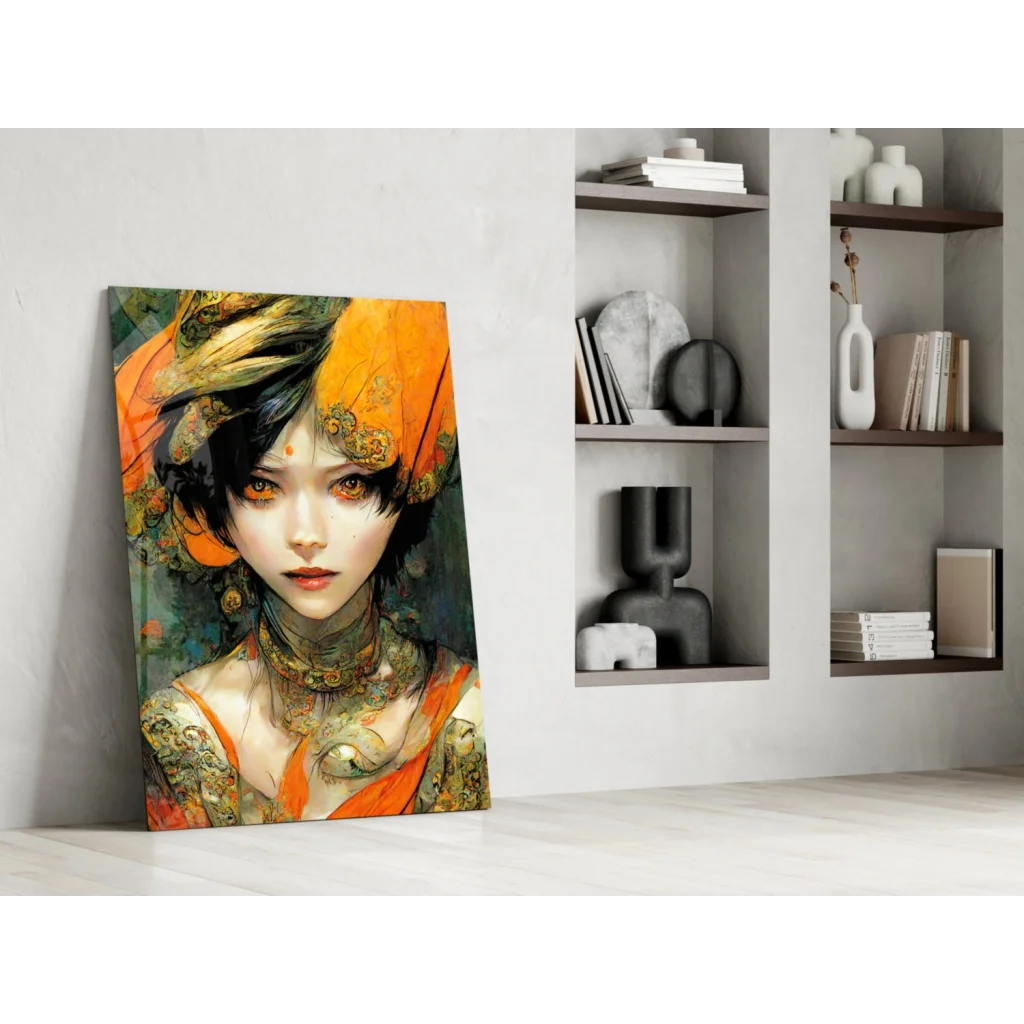 Vibrant orange green glass wall art portrait of woman with gold tattoos
