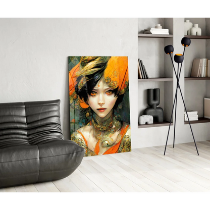 Vibrant orange gold portrait glass wall art with intricate tattoo details