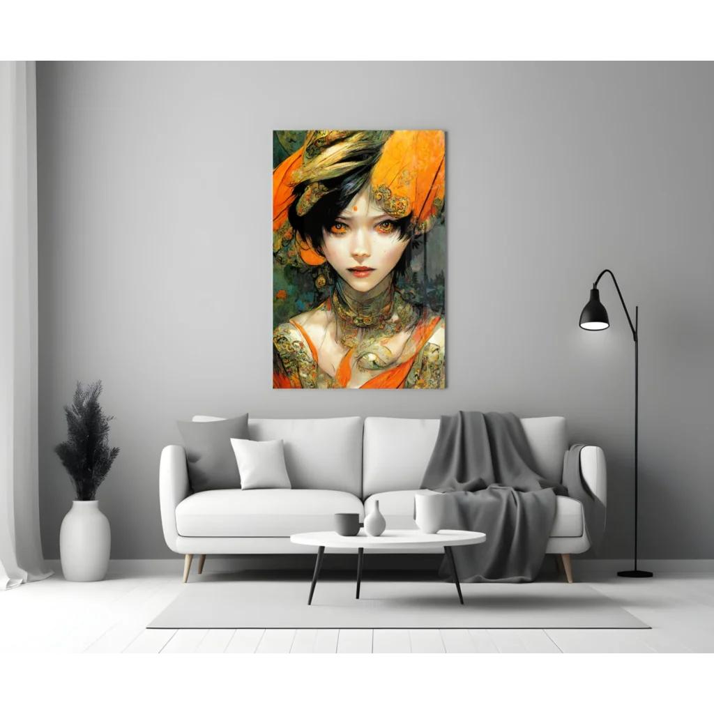 Stunning Orange Portrait Glass Wall Art with Gold Tattoo Details | Modern Wall Art Decor | vintageantiquesgifts.com