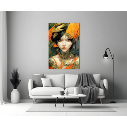 Stunning Orange Portrait Glass Wall Art with Gold Tattoo Details | Modern Wall Art Decor | vintageantiquesgifts.com