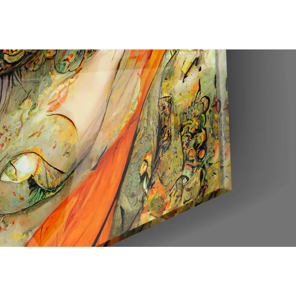 Vibrant orange abstract glass wall art with gold tattoo details