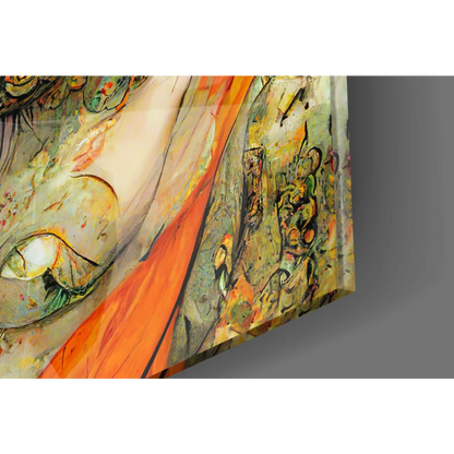Vibrant orange abstract glass wall art with gold tattoo details