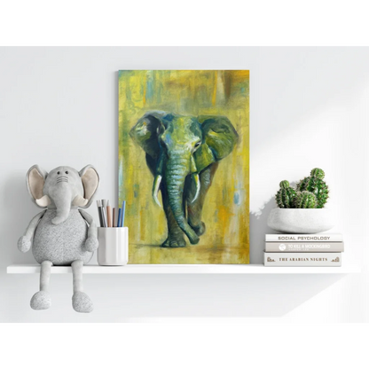 Vibrant abstract green elephant on yellow textured background, insigne aluminum print