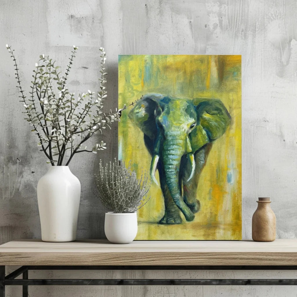 Vibrant Green Elephant Insigne Aluminum Prints for Your Wall | Glass Wall Art Print | vintageantiquesgifts.com