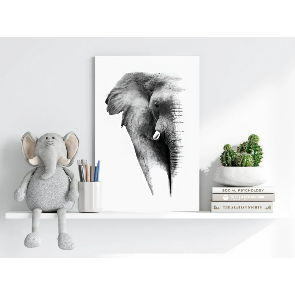 Stunning black-and-white elephant head insigne aluminum print