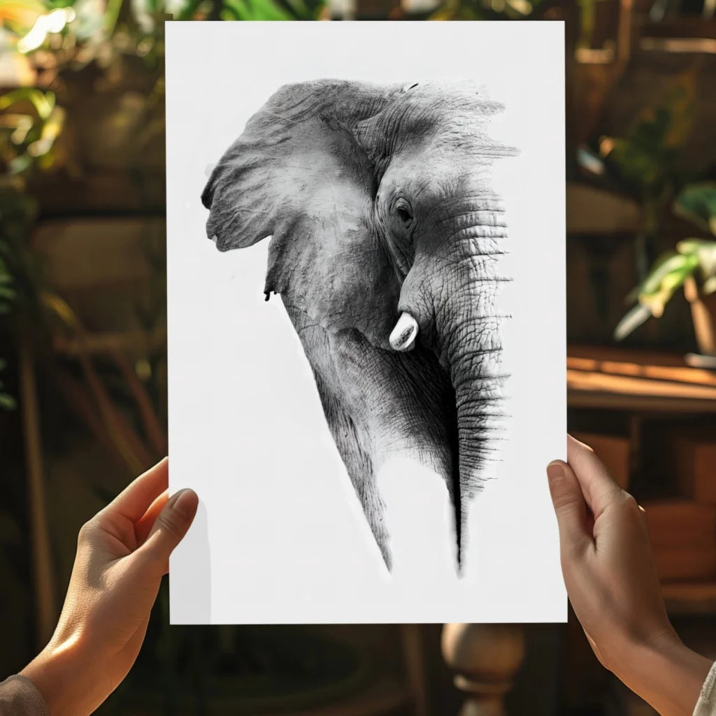 Stunning elephant head sketch on insigne aluminum print held by hands