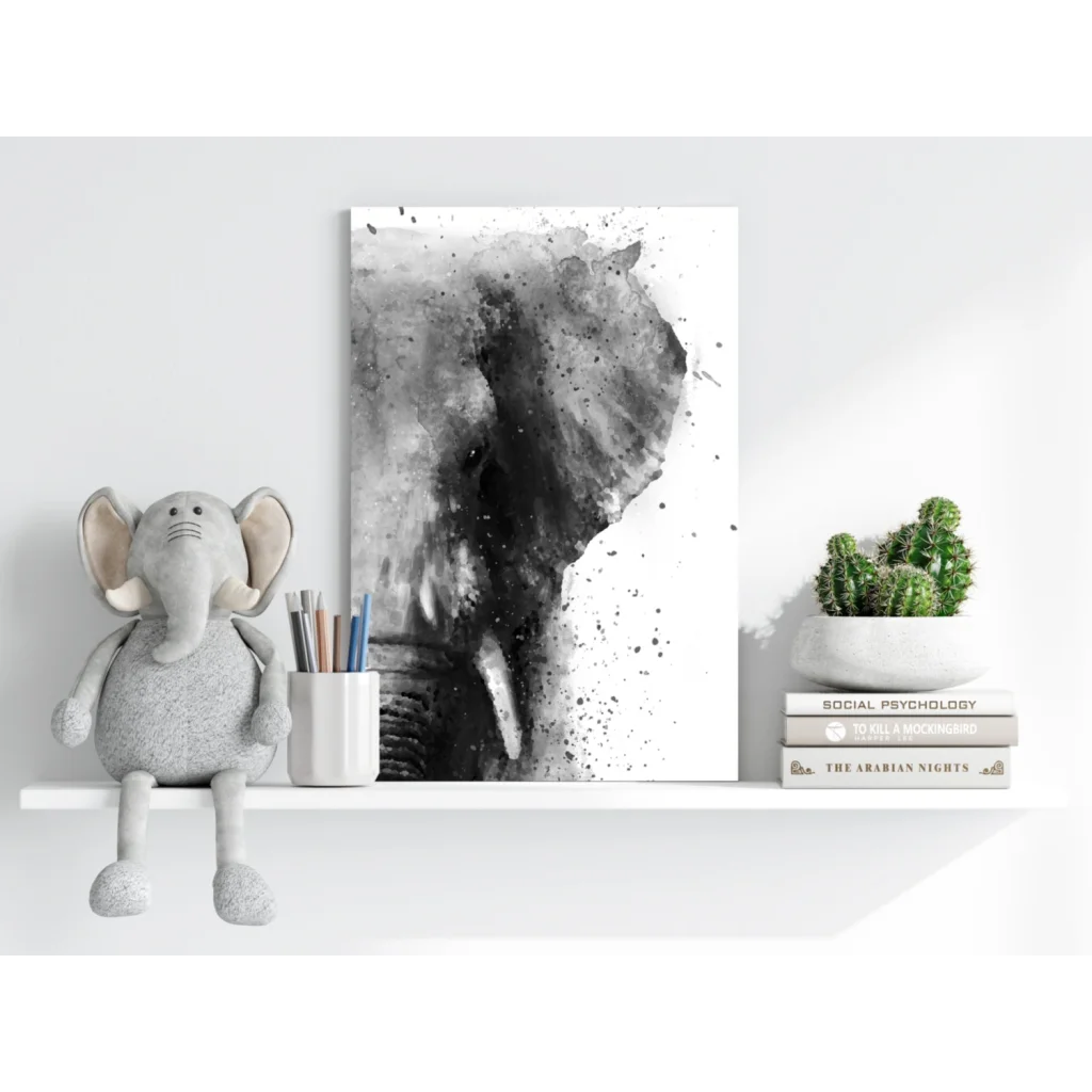 Black and white splatter elephant on Insigne aluminum print
