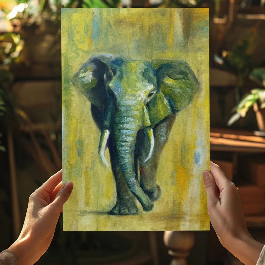 Vibrant green elephant insigne aluminum print held by hands