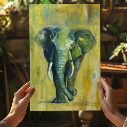 Vibrant green elephant insigne aluminum print held by hands