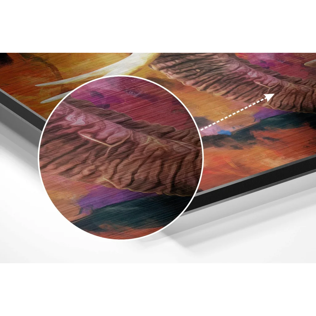 Vibrant abstract elephant art on brushed aluminium dibond