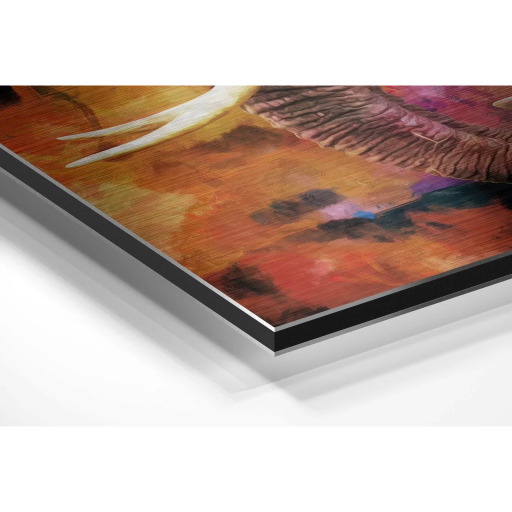 Vibrant winged elephant abstract on brushed aluminium dibond