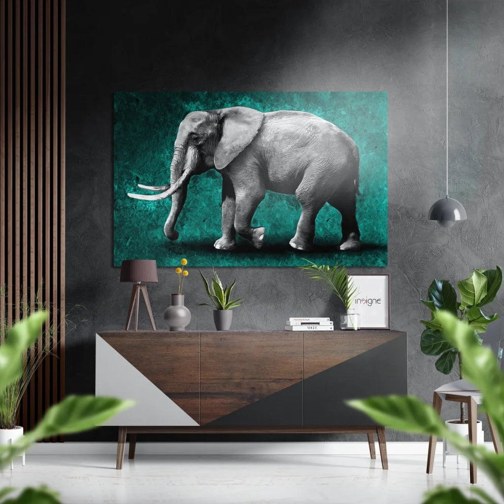 Stunning grayscale elephant on teal canvas, brushed aluminium dibond wall art