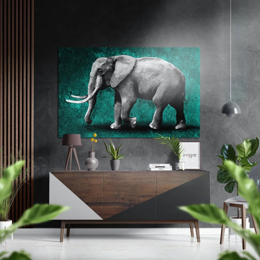 Stunning grayscale elephant on teal canvas, brushed aluminium dibond wall art