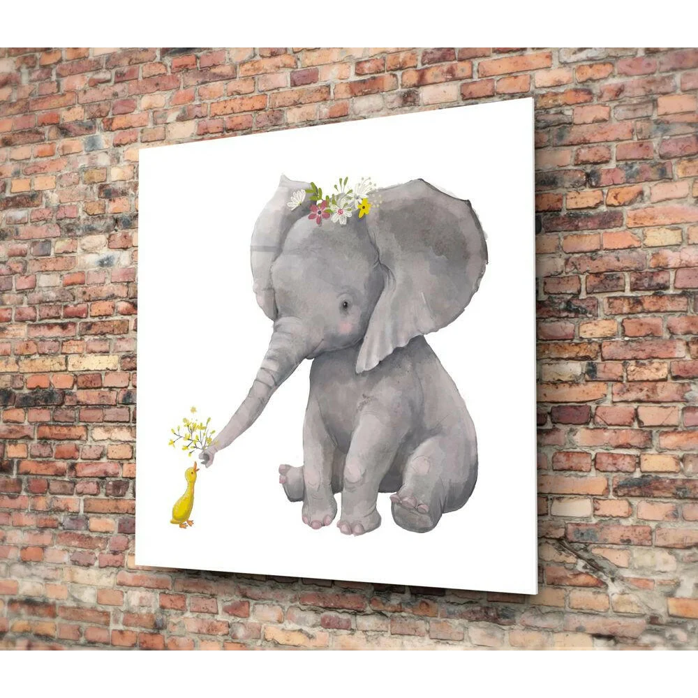 Gray baby elephant with floral crown offers flowers to yellow duck in glass wall art