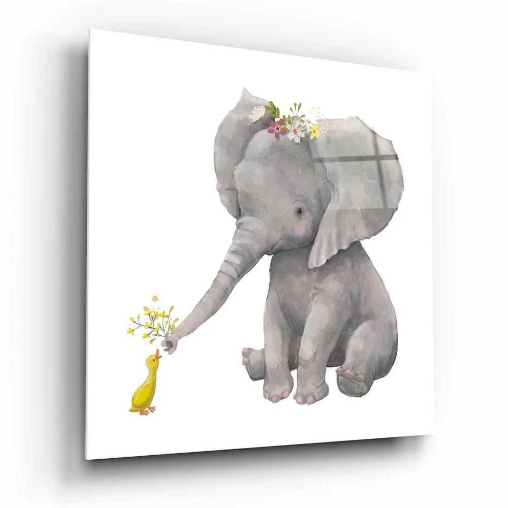 Charming gray elephant with floral crown offers flowers to yellow duck on glass wall art canvas