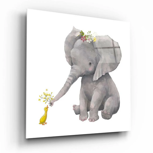 Charming gray elephant with floral crown offers flowers to yellow duck on glass wall art canvas